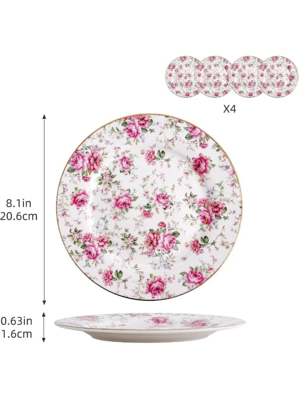 Floral Porcelain Plates Set of 4 | 8in Round Appetizer & Dessert Plates